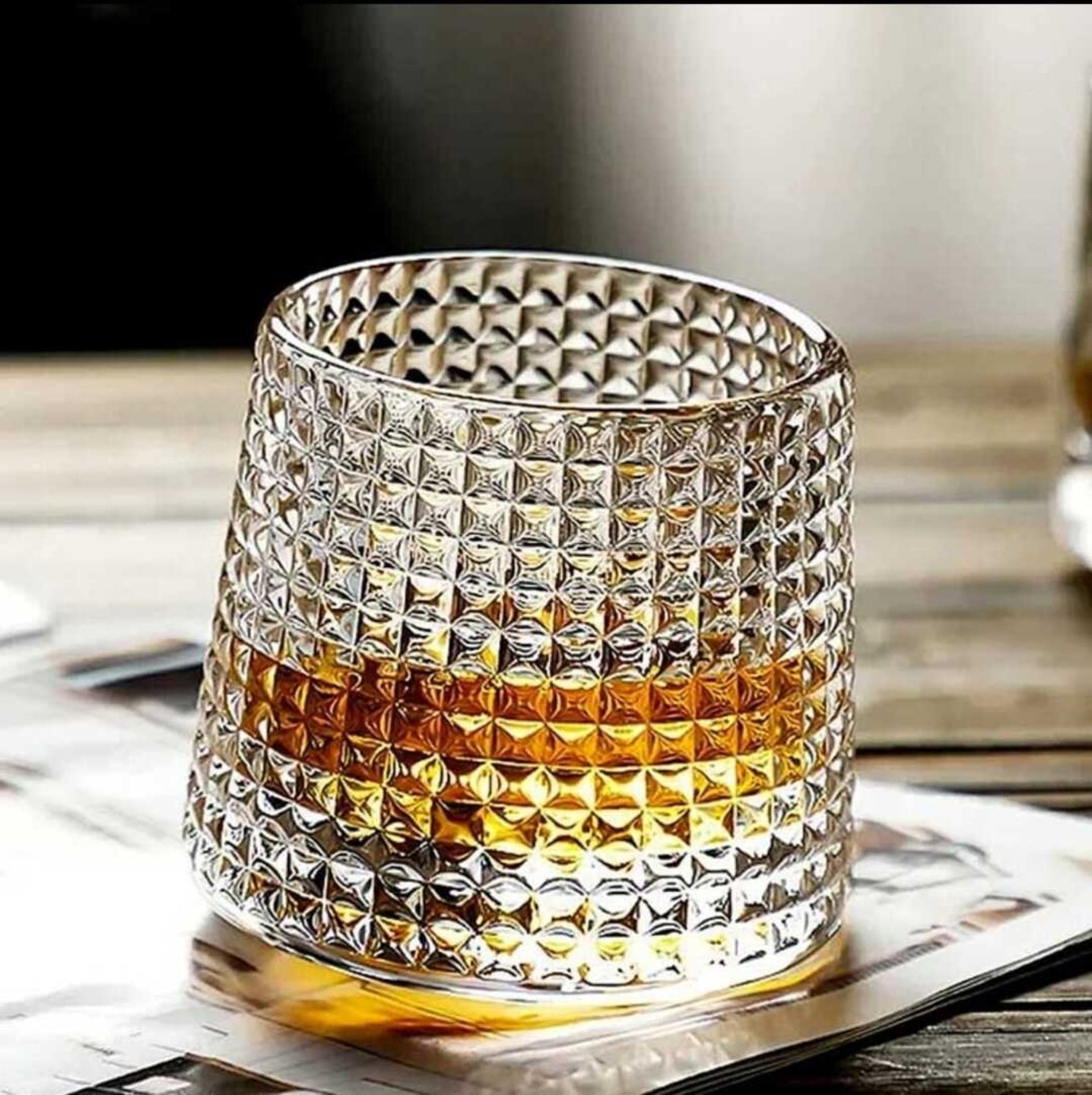 Car-O-Bar Tipsy Whiskey Glass | Fluted Check Design Rotating Heavy Base