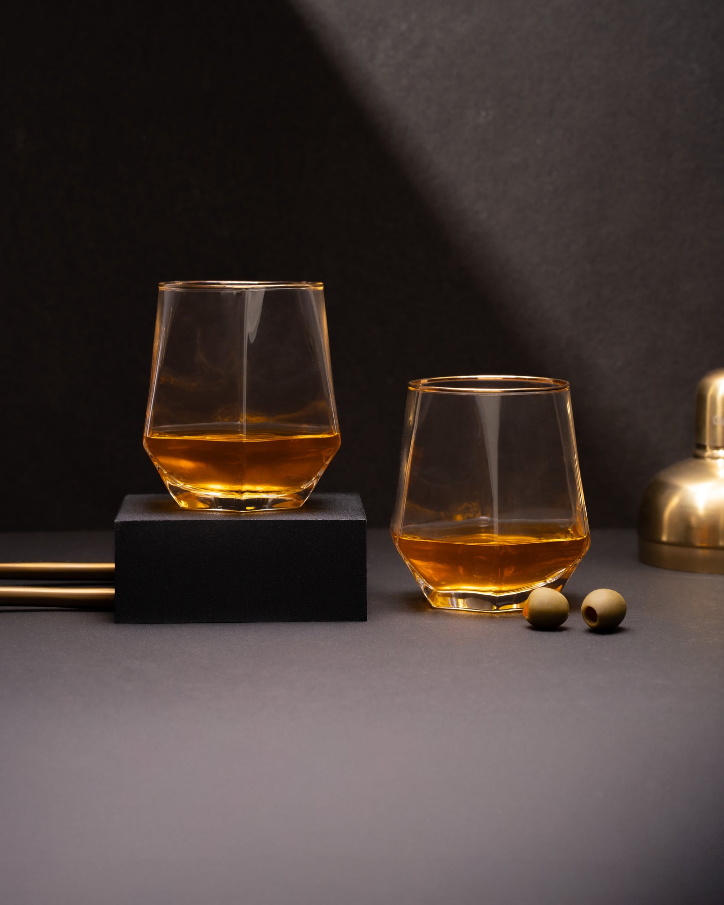 Car-O-Bar Tipsy Whiskey Glass | Clear with Gold Rim