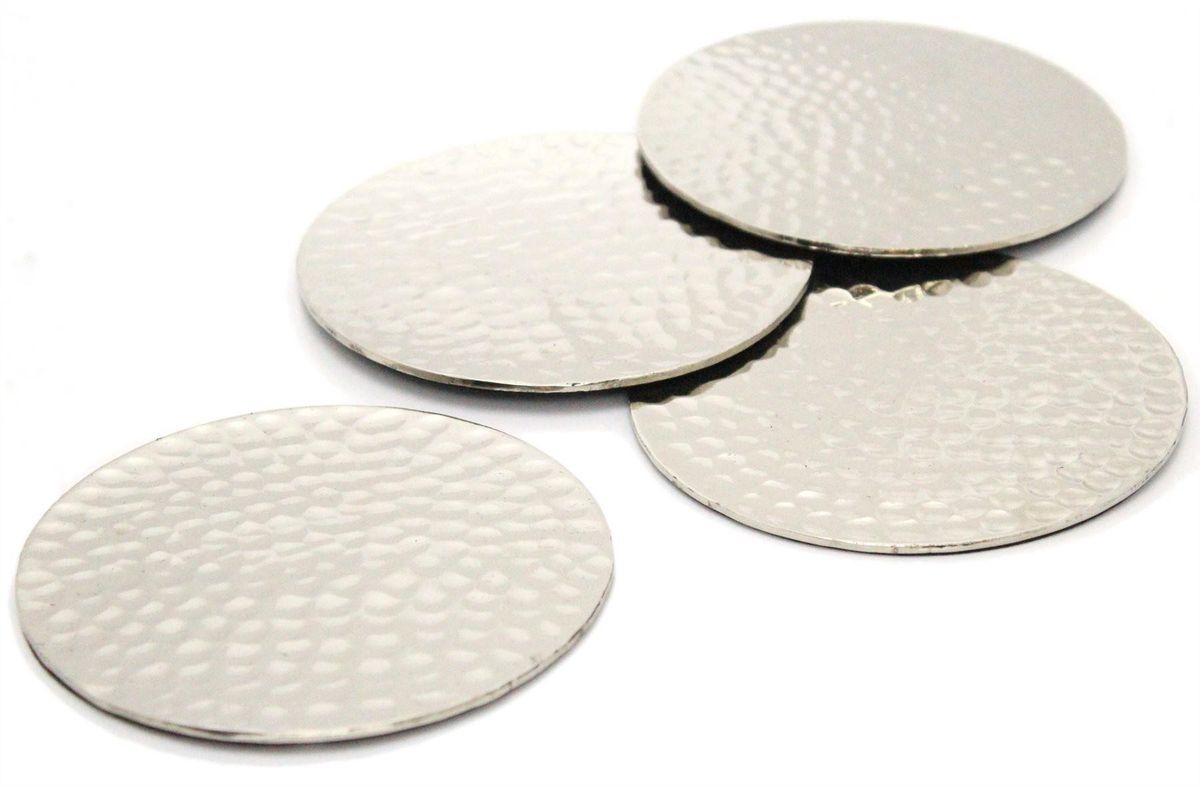 Car-O-Bar Round Hammered Design Silver Coasters || Set of 4 Coasters