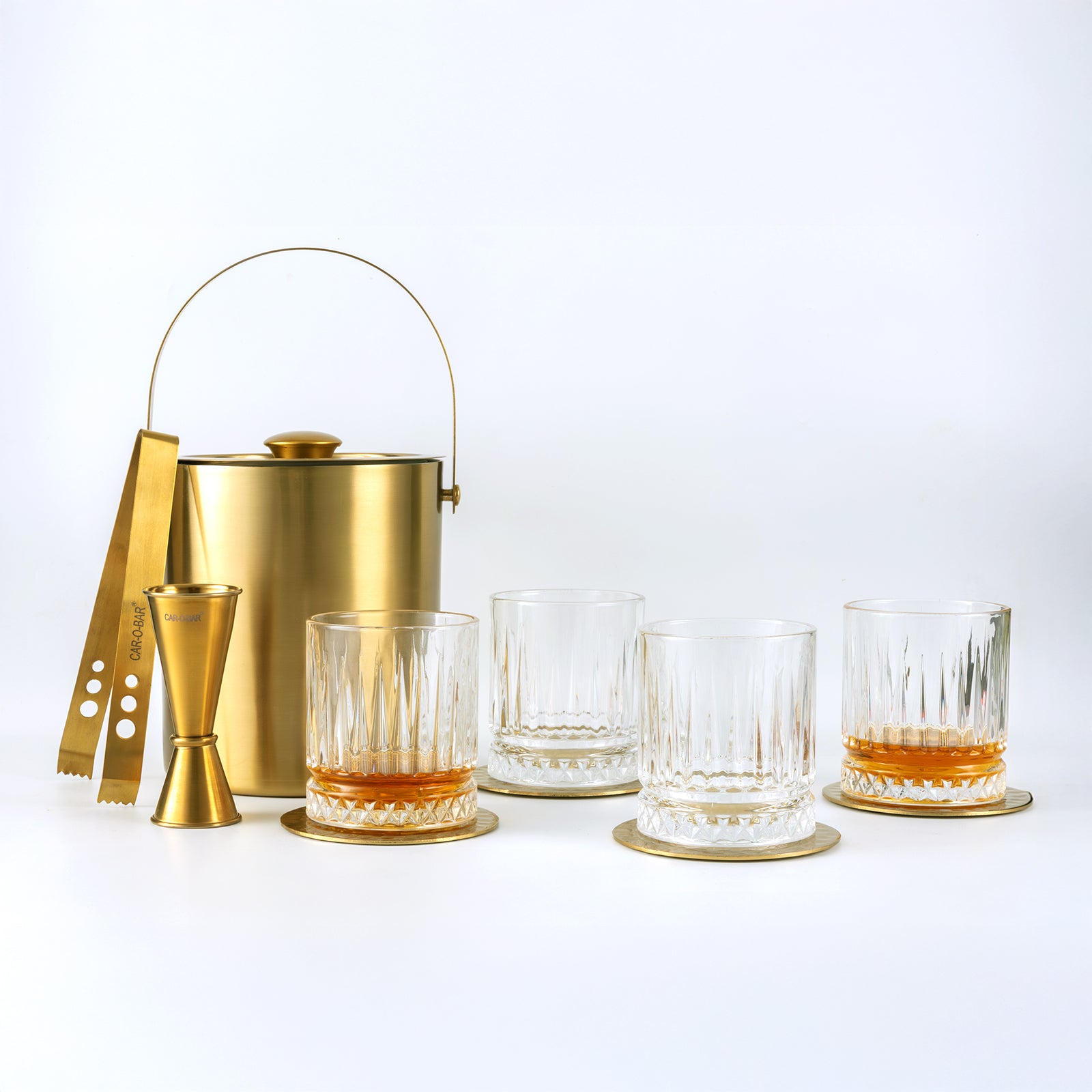 Car-O-Bar Gift Set | Premium Gold Finish Stainless Steel Ice Bucket with Tong - 1500 ml | Set of 4 Whiskey Glasses