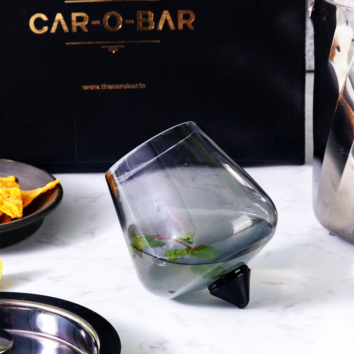 Car-O-Bar Silver Bar set with Glasses and Leatherette Gift set