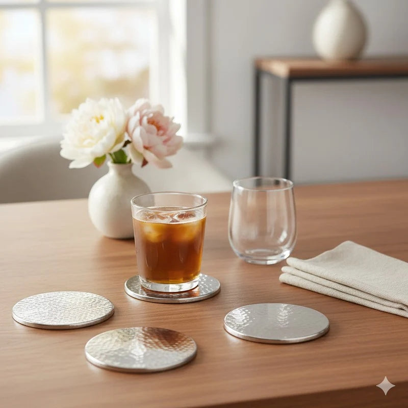 Round Hammered Design Silver Coasters || Set of 4 Coasters