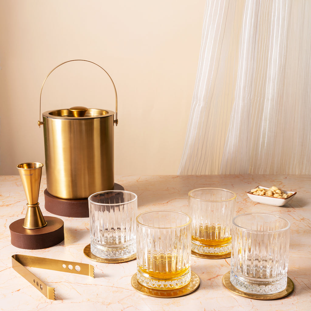 Car-O-Bar Gift Set | Premium Gold Finish Stainless Steel Ice Bucket with Tong - 1500 ml | Set of 4 Whiskey Glasses