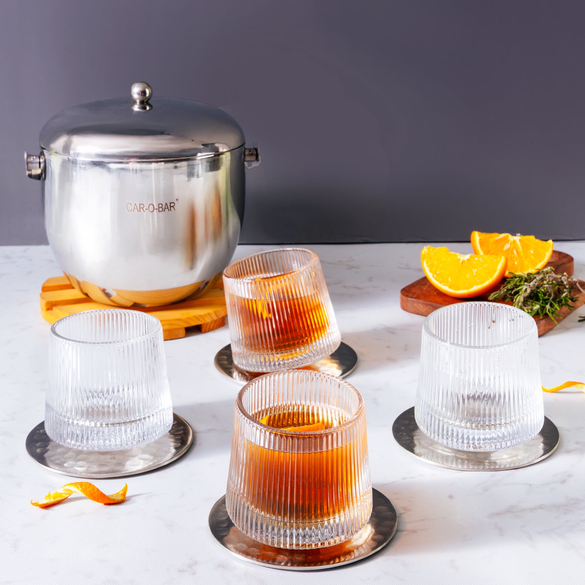 Car-O-Bar Mirror Finish Stainless Steel Premium Design Ice Bucket for Bar & Home with Set of 4 Whiskey Glasses for a Home Bar Setup