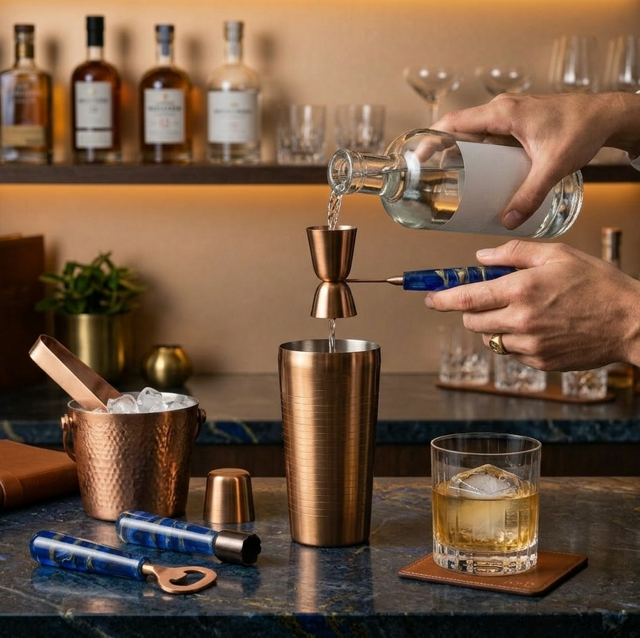 Car-O-Bar Copper Gold & Blue Bar Set | 5 Piece Bartender Kit