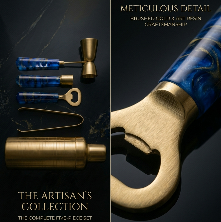 Car-O-Bar Gold & Blue Bar Set | 5 Piece Bartender Kit