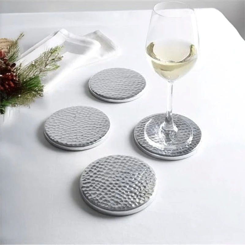 Car-O-Bar Round Hammered Design Silver Coasters || Set of 4 Coasters
