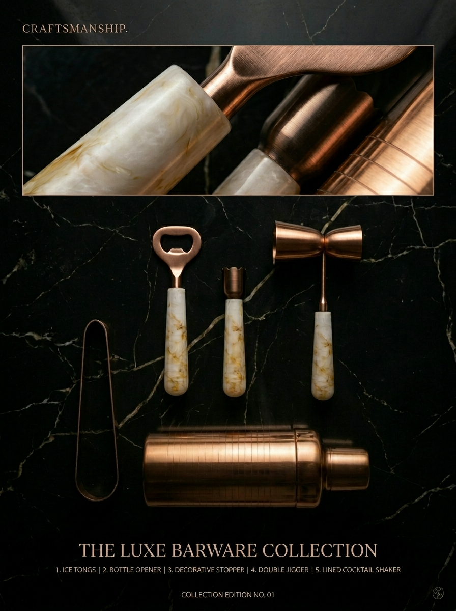 Car-O-Bar Copper Gold & White Bar Set | 5 Piece Bartender Kit