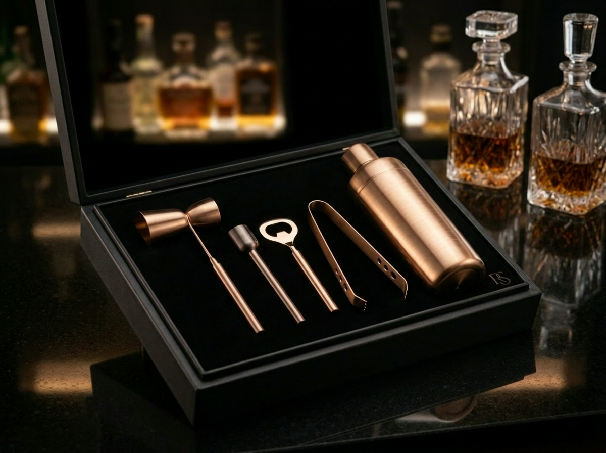 Car-O-Bar Copper Gold Bar Set | 5 Piece Bartender Kit Gift Set