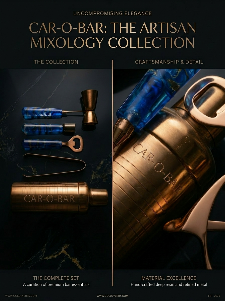 Car-O-Bar Copper Gold & Blue Bar Set | 5 Piece Bartender Kit