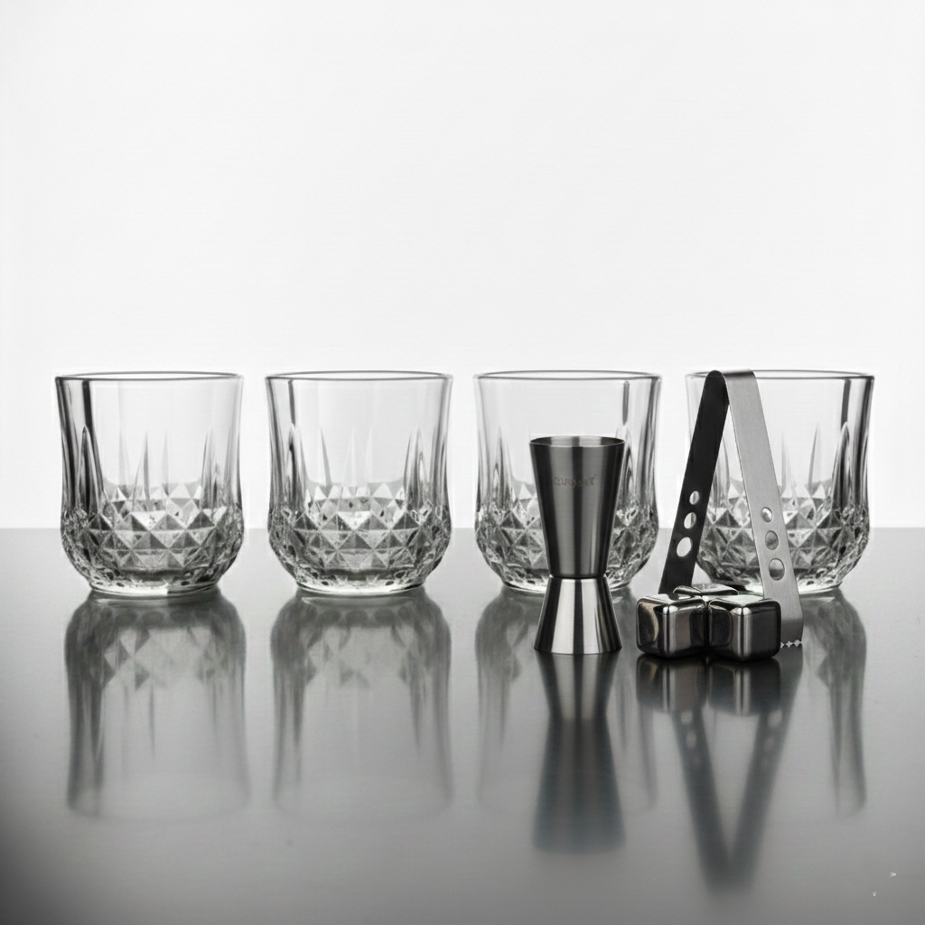 Car-O-Bar Gift Set | Set of Premium Whiskey Glasses with Steel Whiskey Cubes Peg Measurer and Ice Tong