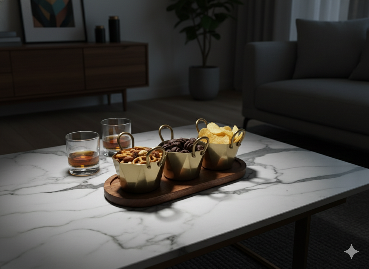 CAR-O-BAR Set of 3 Premium Steel Serving Bowl with Platter | Hexagonal Gold Finish