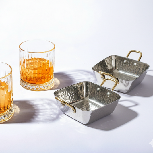 CAR-O-BAR Premium Set of 2 Steel Serving Bowls with Handle | Hammered Silver Finish