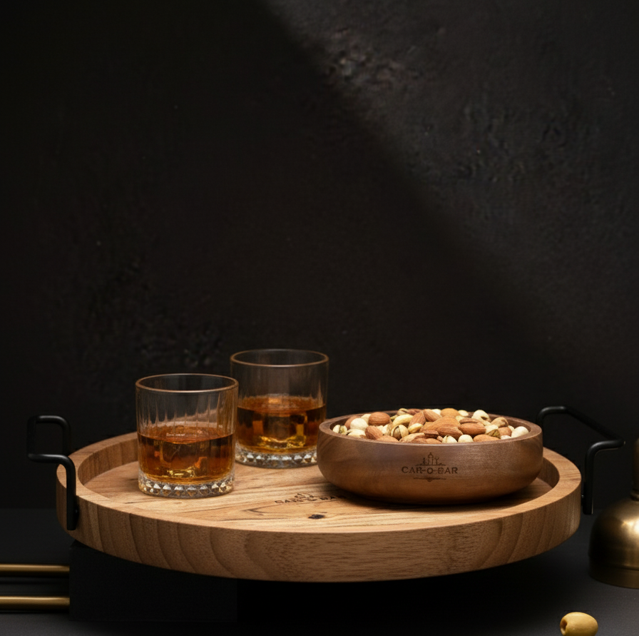 Car-O-Bar Premium Wooden Serving Tray Platter with Handle | Natural Finish