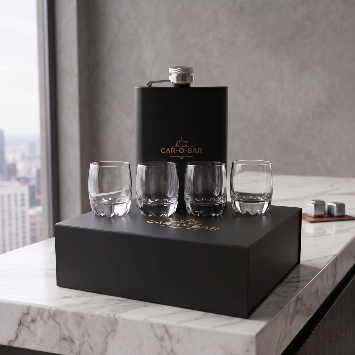 CAR-O-BAR Stainless Steel Black Hip Flask with 4 Shot Glasses For Gift