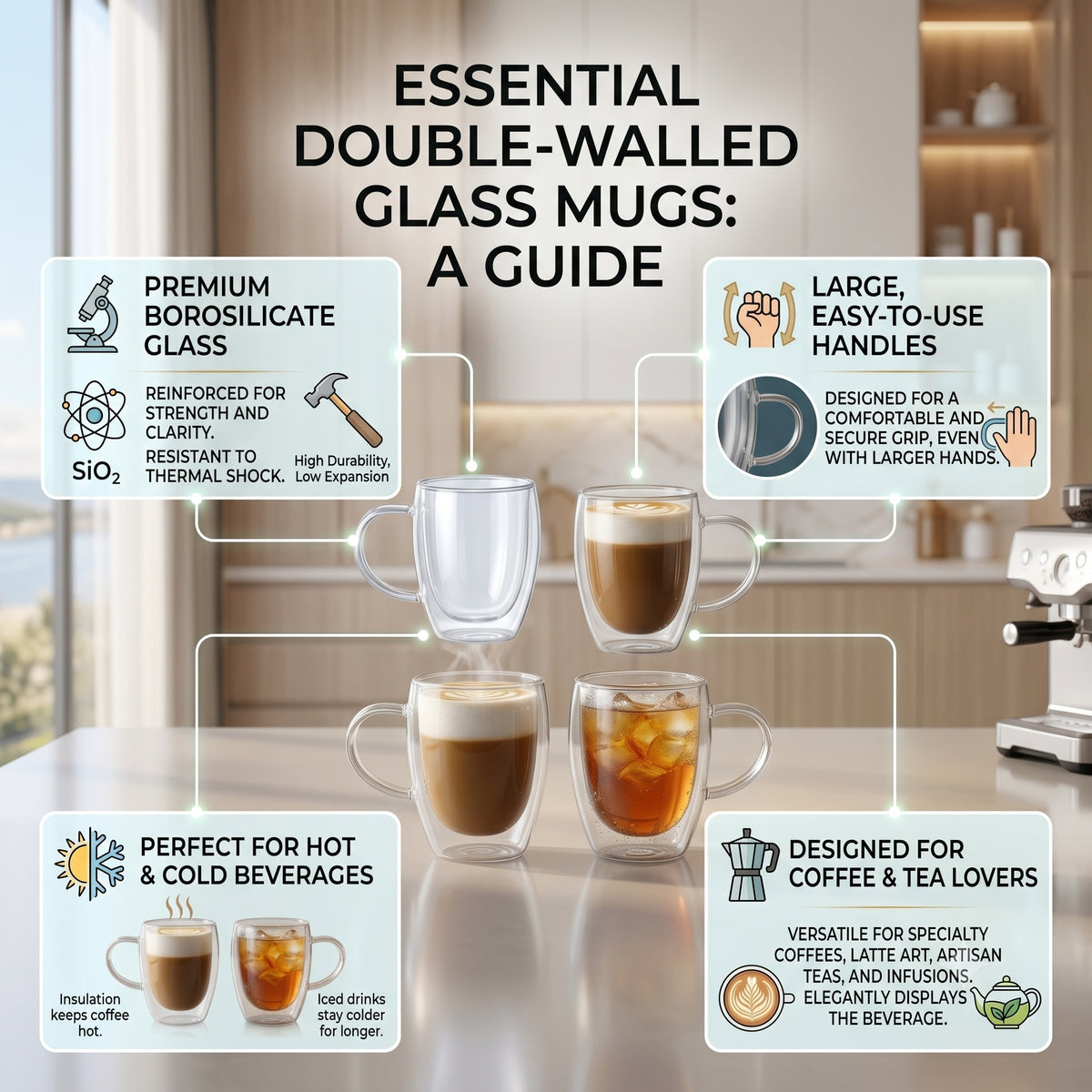 CAR-O-BAR Double Walled Glass Mugs - 300 ml Insulated Mugs for Hot & Cold Drinks