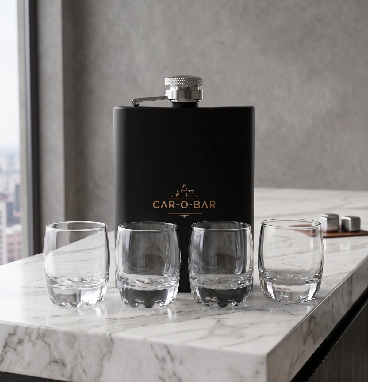 CAR-O-BAR Stainless Steel Black Hip Flask with 4 Shot Glasses For Gift