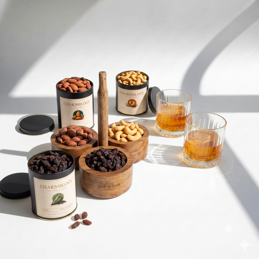 CHAKHNOLOGY Diwali Snack Gift Box with Wooden Caddy Serving Bowls | Car-O-Bar