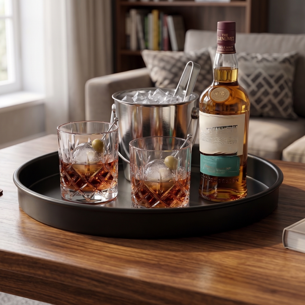 Car-O-Bar Premium Round Serving Tray | Black Round Tray for Bar & Coffee Table