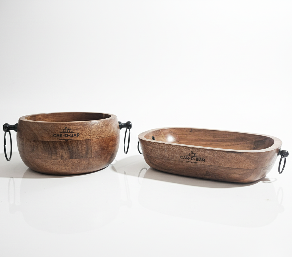 CAR-O-BAR Premium Wooden Serving Bowl Set of 2 with Handles | Rustic Natural Finish