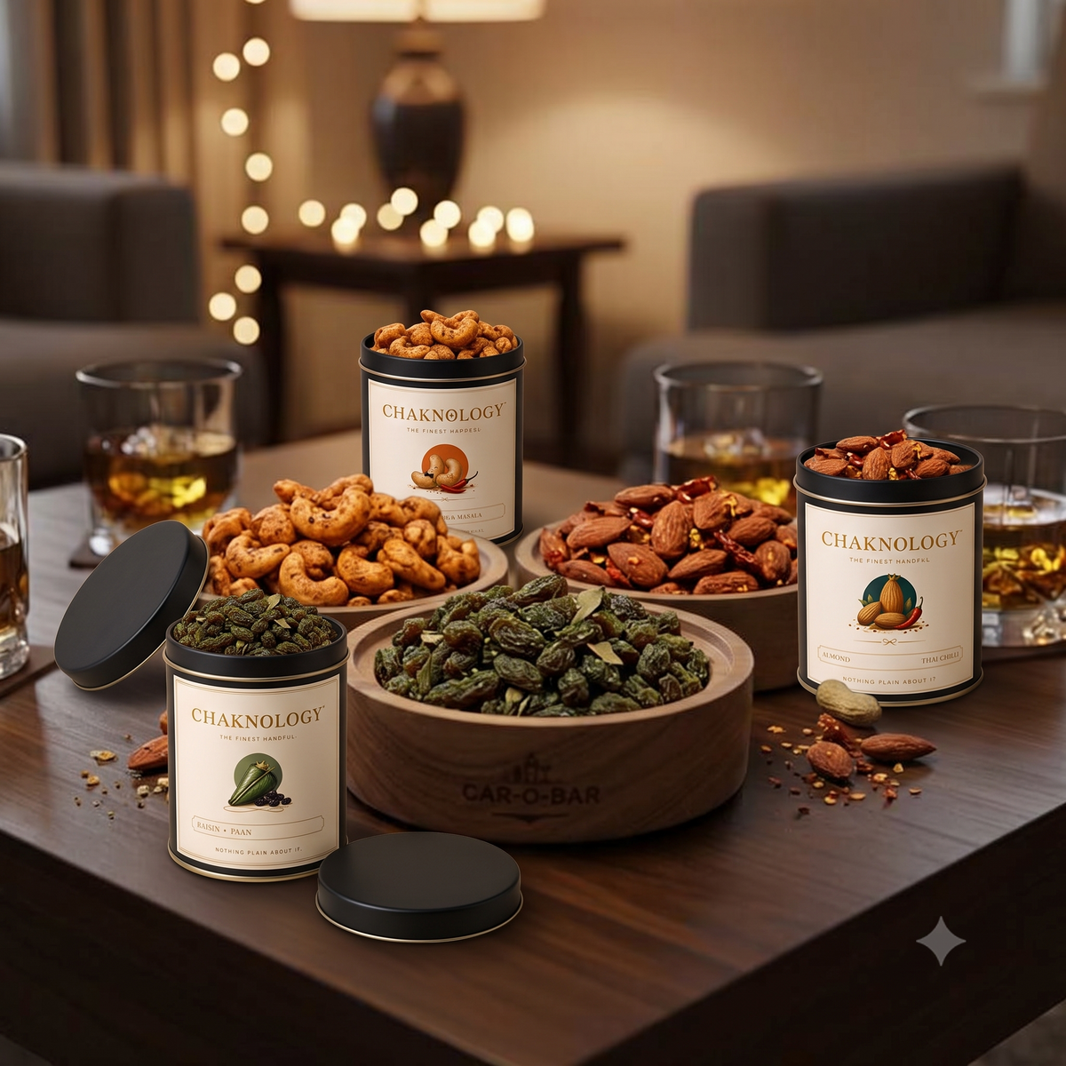 CHAKHNOLOGY Diwali Snack Gift Box with Wooden Serving Bowls | Car-O-Bar