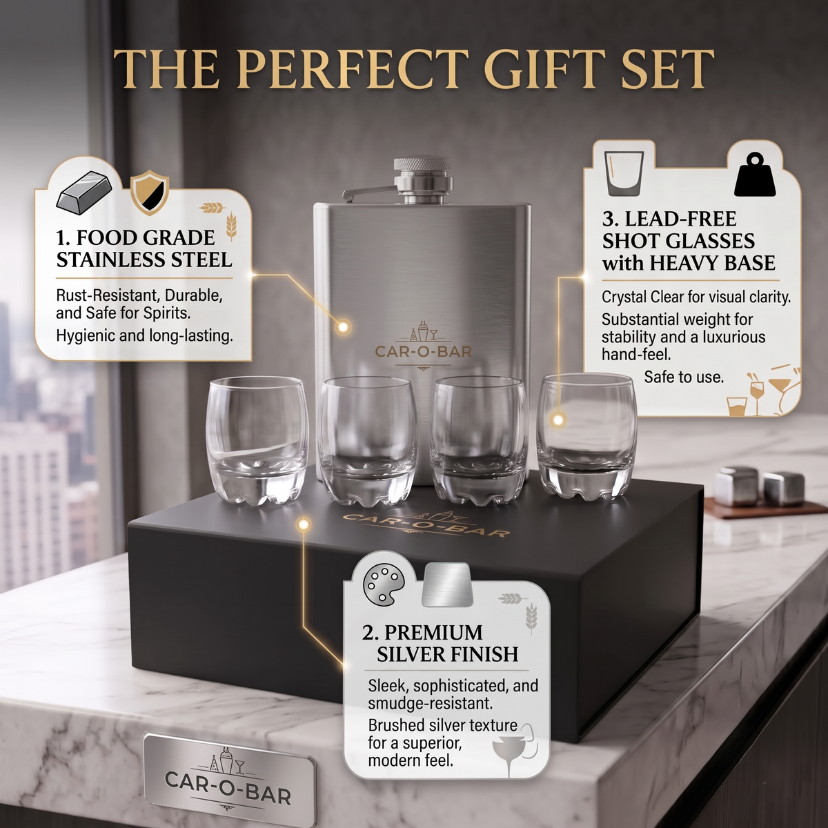 CAR-O-BAR Stainless Steel Hip Flask with 4 Shot Glasses For Gift