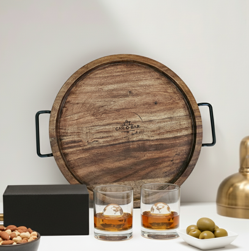 Car-O-Bar Premium Wooden Serving Tray Platter with Handle | Antique Finish