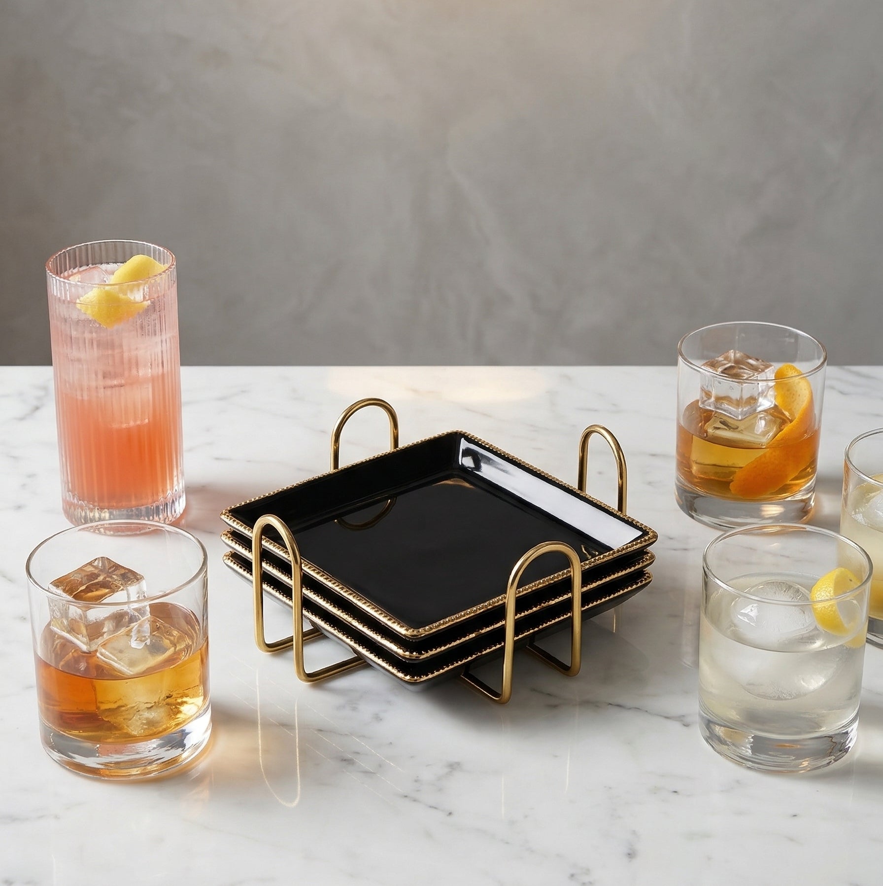 Car-O-Bar Set of 4 Coaster with Stand || Square Black Design