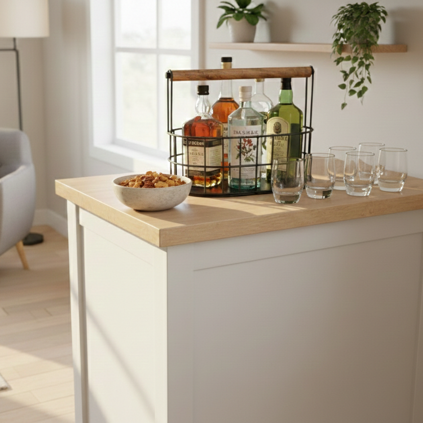 Car-O-Bar Beer Caddy | Multipurpose Basket With Wooden Handle for Home