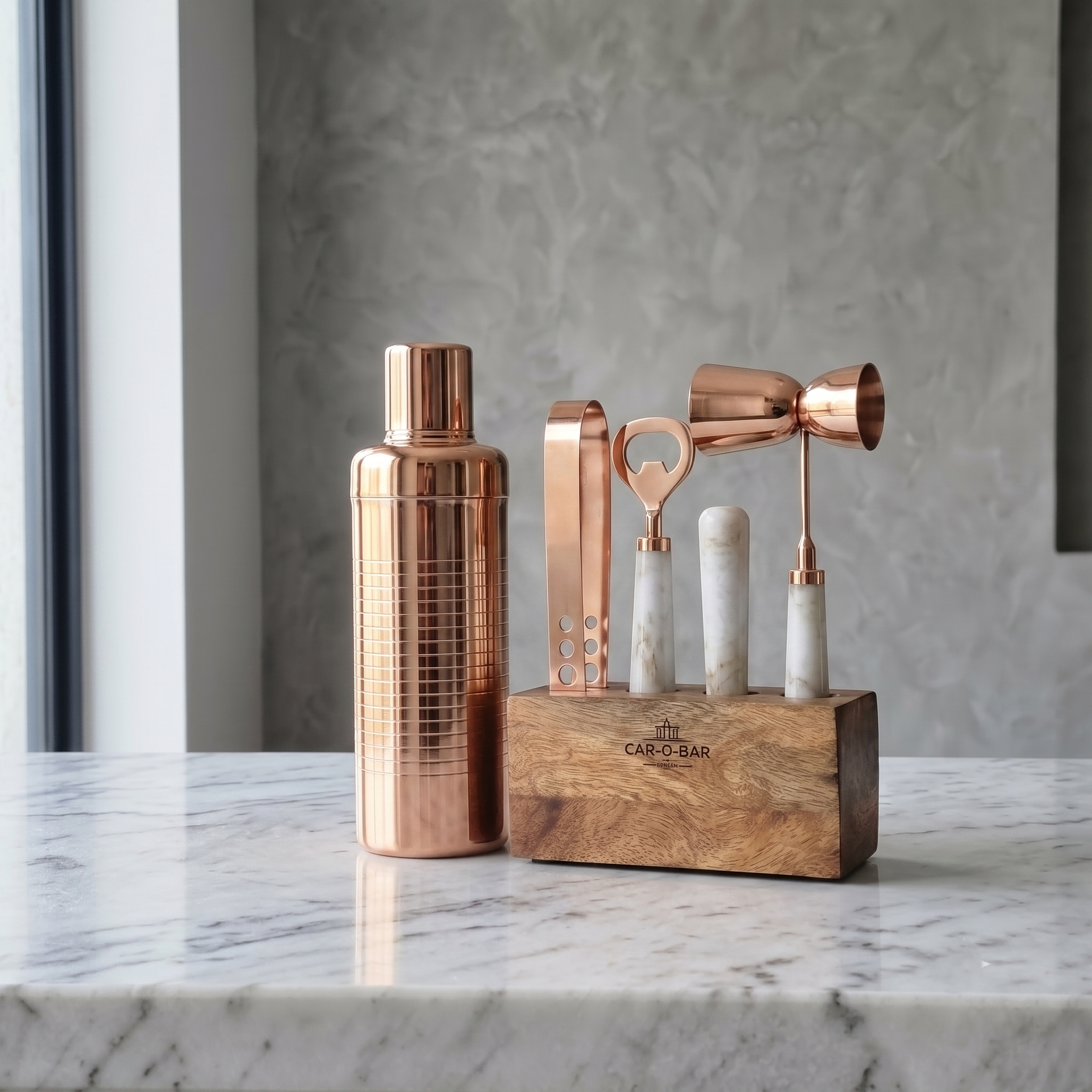 Car-O-Bar Copper Gold & White Bar Set | 6 Piece Bartender Kit