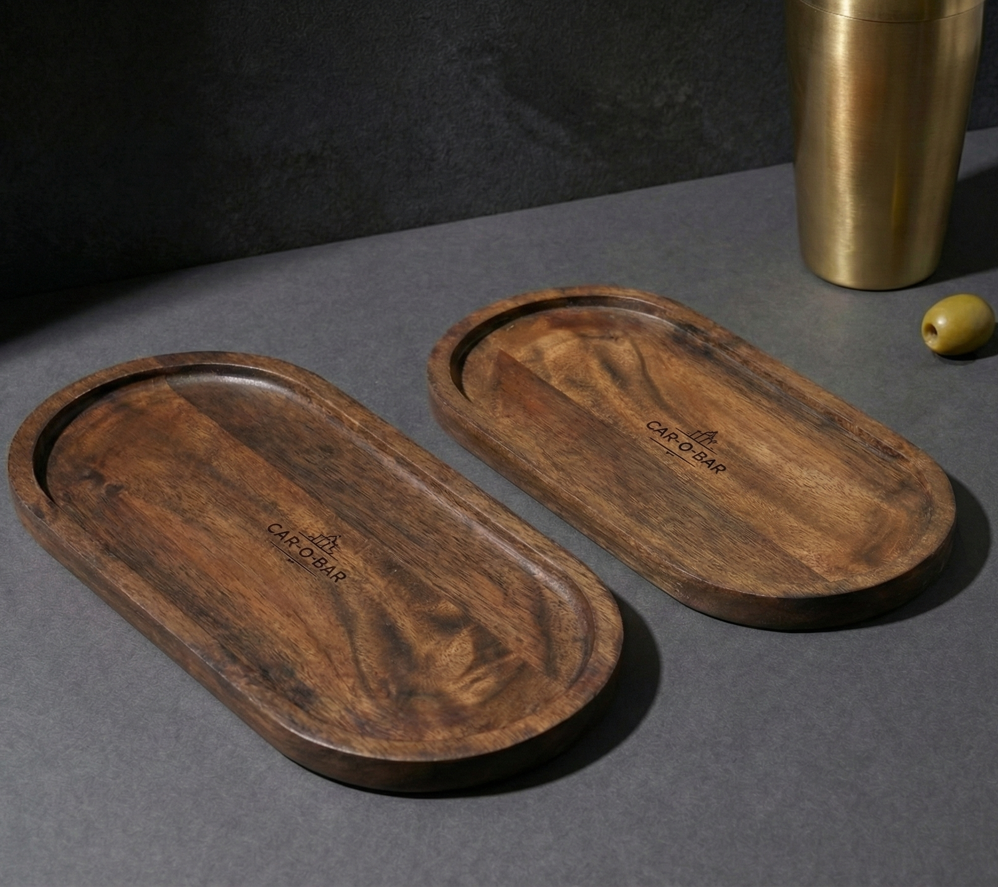 Car-O-Bar Premium Wooden Serving Tray Platter Set of 2