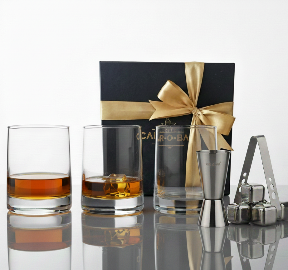 Car-O-Bar Gift Set | Set of Premium Whiskey Glasses with Steel Whiskey Cubes Peg Measurer and Ice Tong