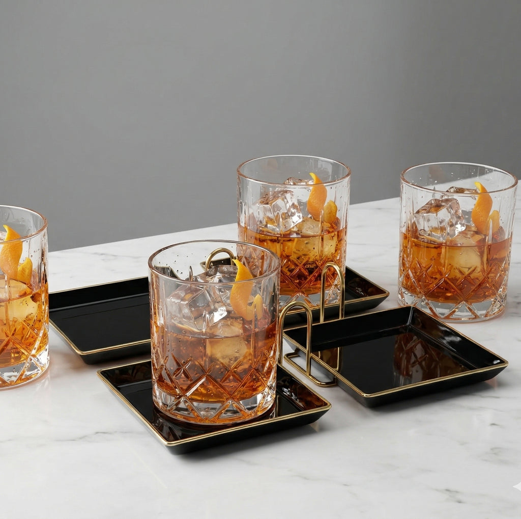 Car-O-Bar Set of 4 Coaster with Stand || Square Black Design