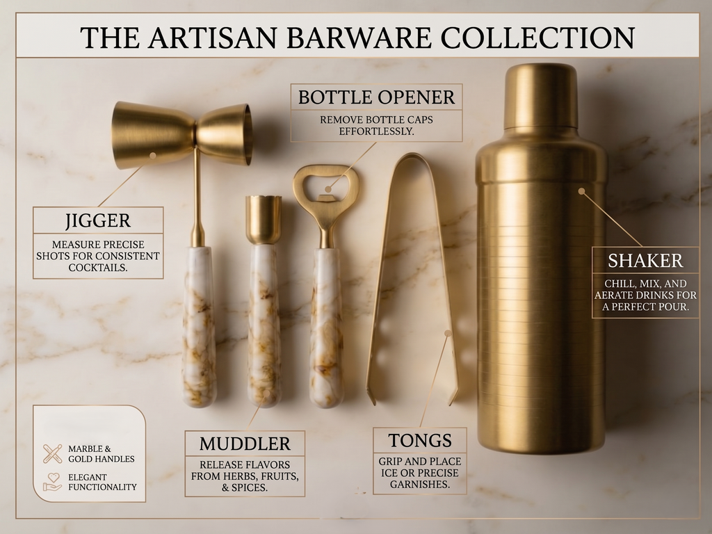 Car-O-Bar Gold & White Bar Set | 5 Piece Bartender Kit Gift Set