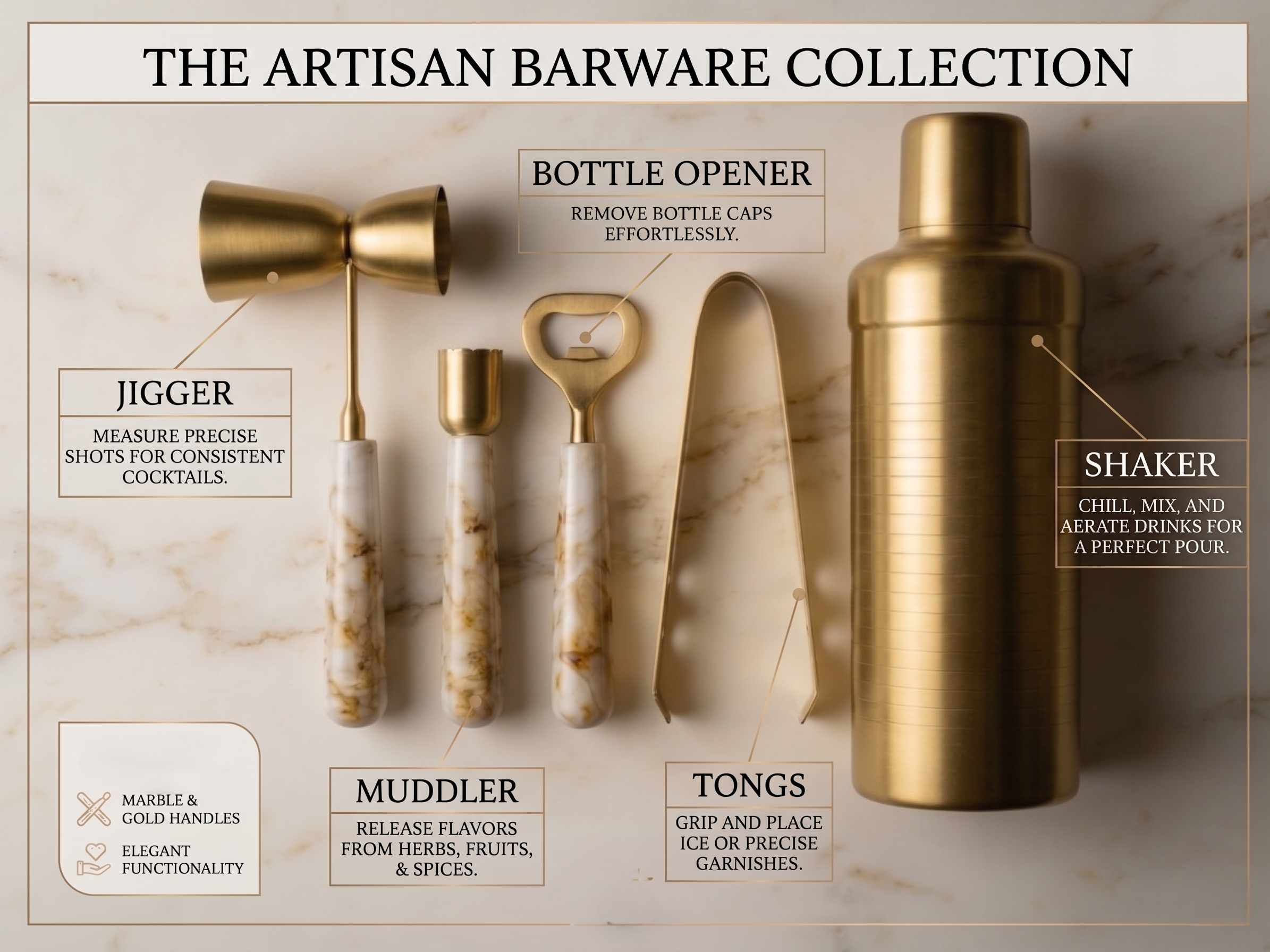 Car-O-Bar Gold & White Bar Set | 5 Piece Bartender Kit Gift Set