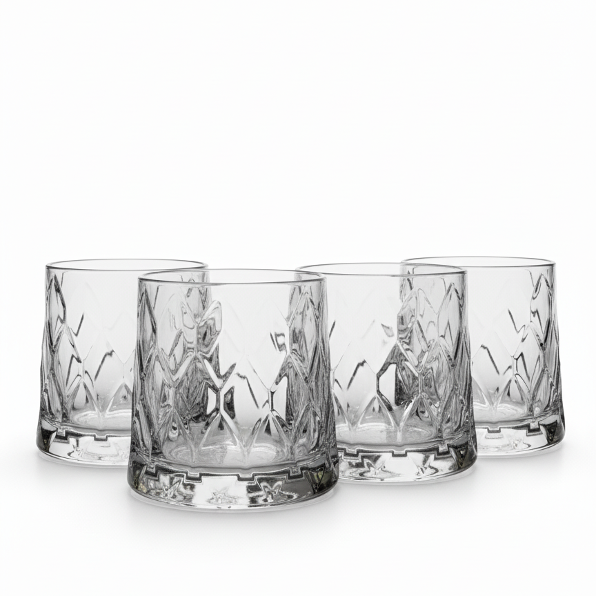 CAR-O-BAR Tipsy Whiskey Glass | Heavy Base Diamond Cut Design| Set of 4
