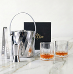 Car-O-Bar Gift Set | Rippled Finish Stainless Steel Ice Bucket & Tong with Set of 4 Whiskey Glasses