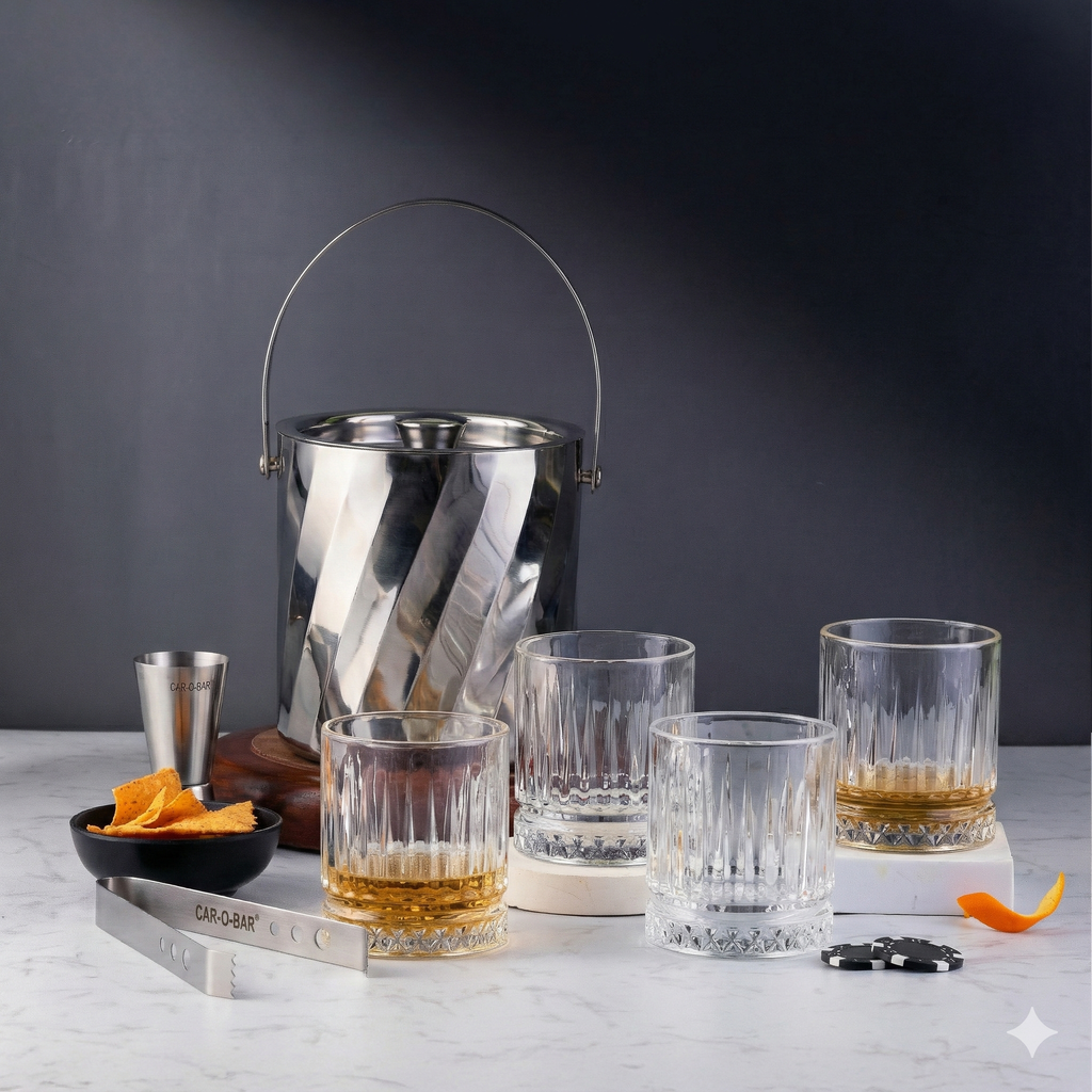 Car-O-Bar Gift Set | Rippled Finish Stainless Steel Ice Bucket & Tong with Set of 4 Whiskey Glasses