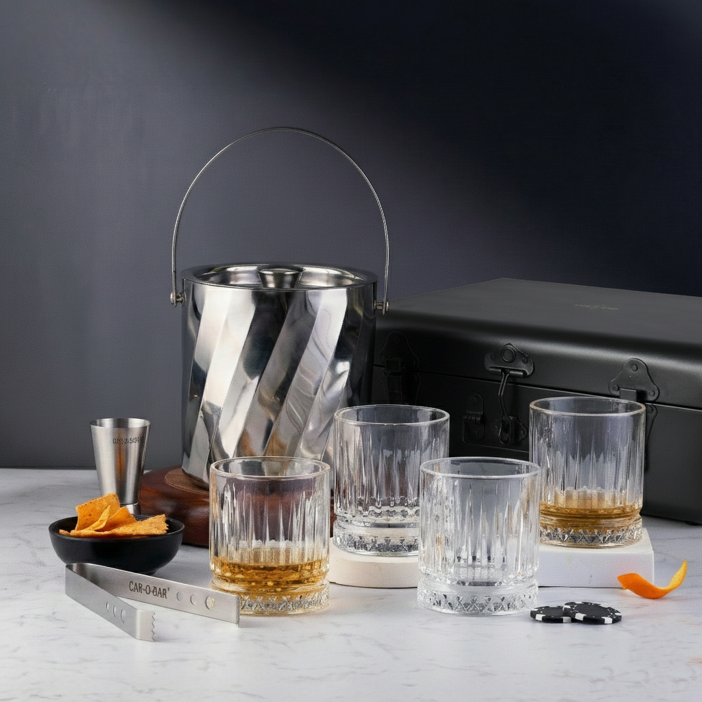 Car-O-Bar Gift Set | Rippled Finish Stainless Steel Ice Bucket & Tong with Set of 4 Whiskey Glasses