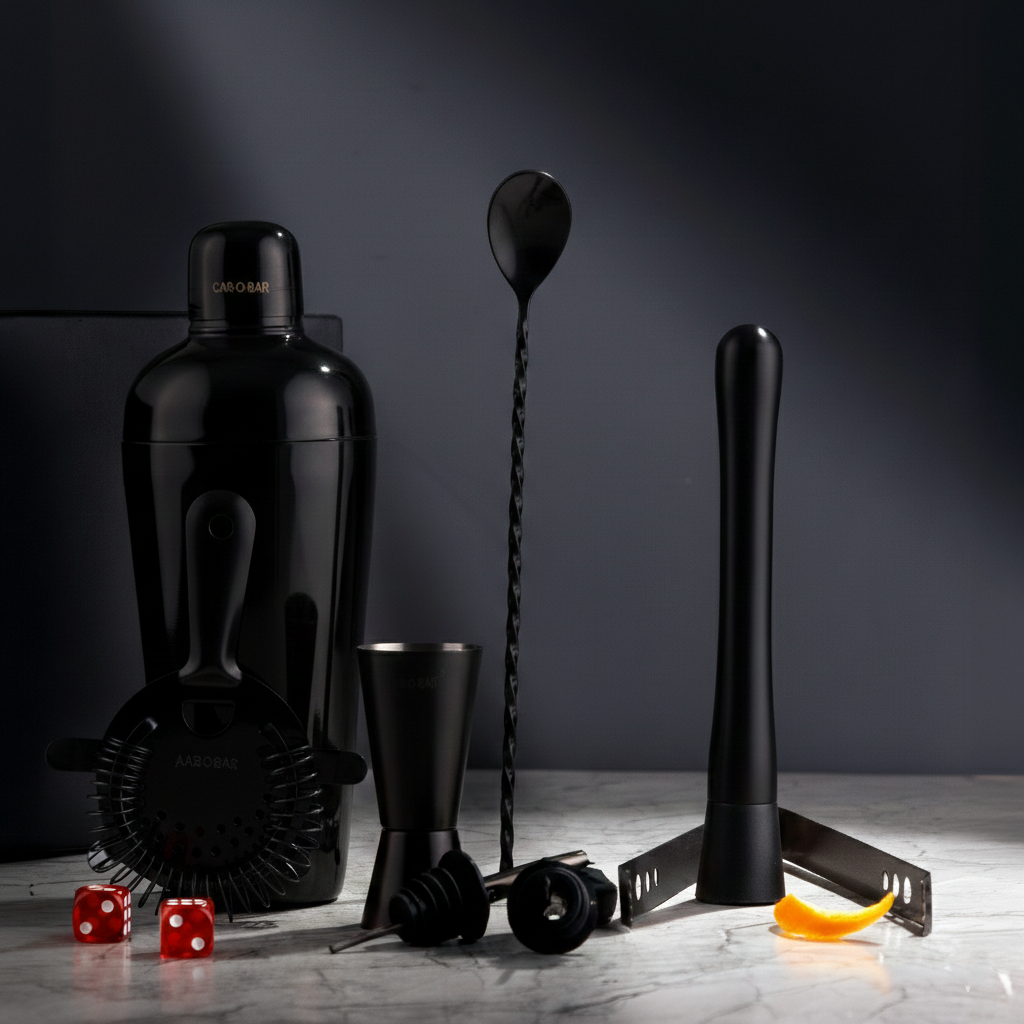 Car-O-Bar Bar Set with Glasses Gift Set | 12 Pieces Black Bartender Kit with 2 Cocktail Glasses