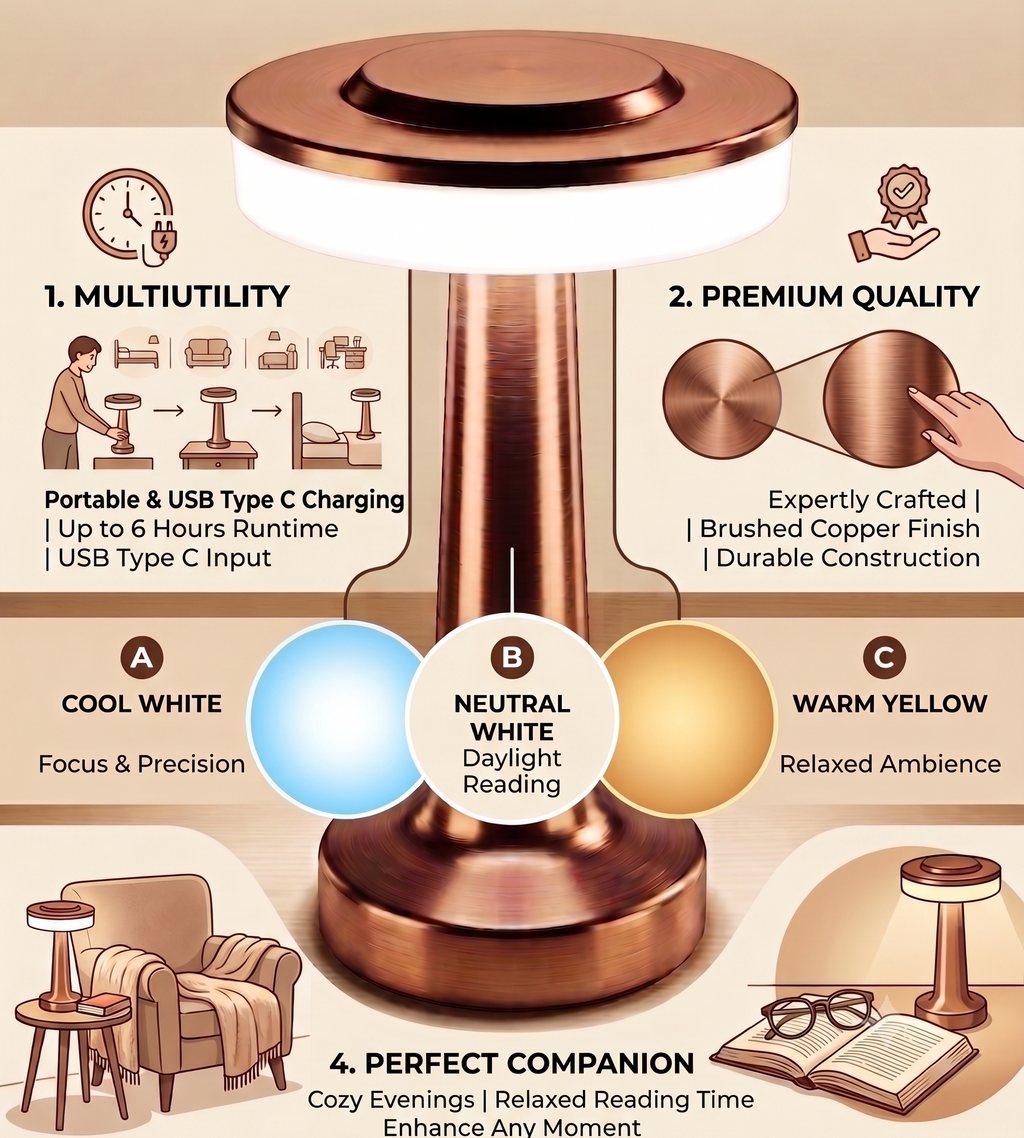 CAR-O-BAR Bar Decor Copper Gold Lamp | 3 Colour Touch Control, USB-C Charging