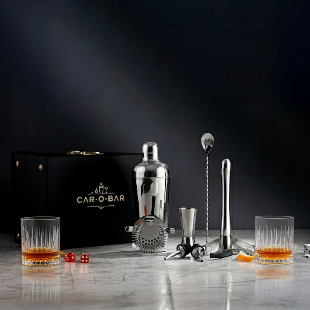 Car-O-Bar Silver Bar set with Glasses and Leatherette Gift set