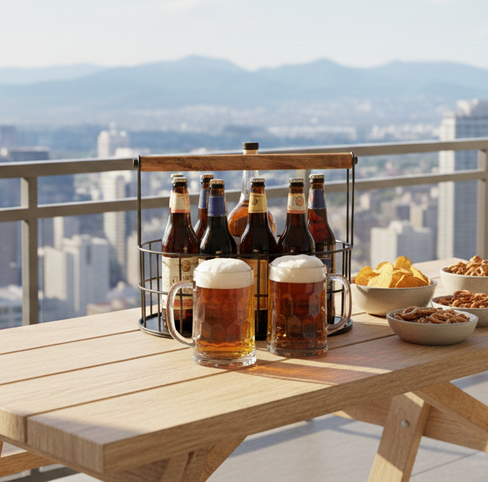Car-O-Bar Beer Caddy | Multipurpose Basket With Wooden Handle for Home