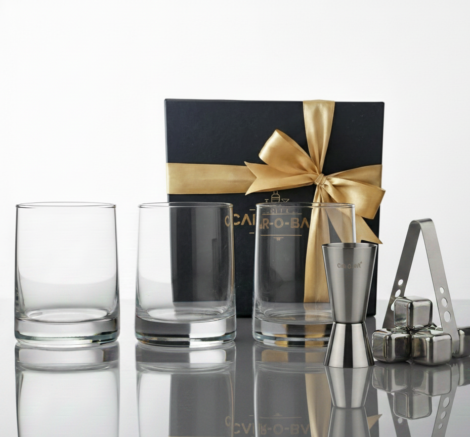 Car-O-Bar Gift Set | Set of Premium Whiskey Glasses with Steel Whiskey Cubes Peg Measurer and Ice Tong