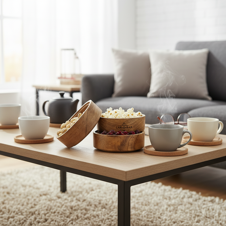 CAR-O-BAR Gift Set | Premium Wooden Serving Bowl with Set of 4 Whiskey Glasses