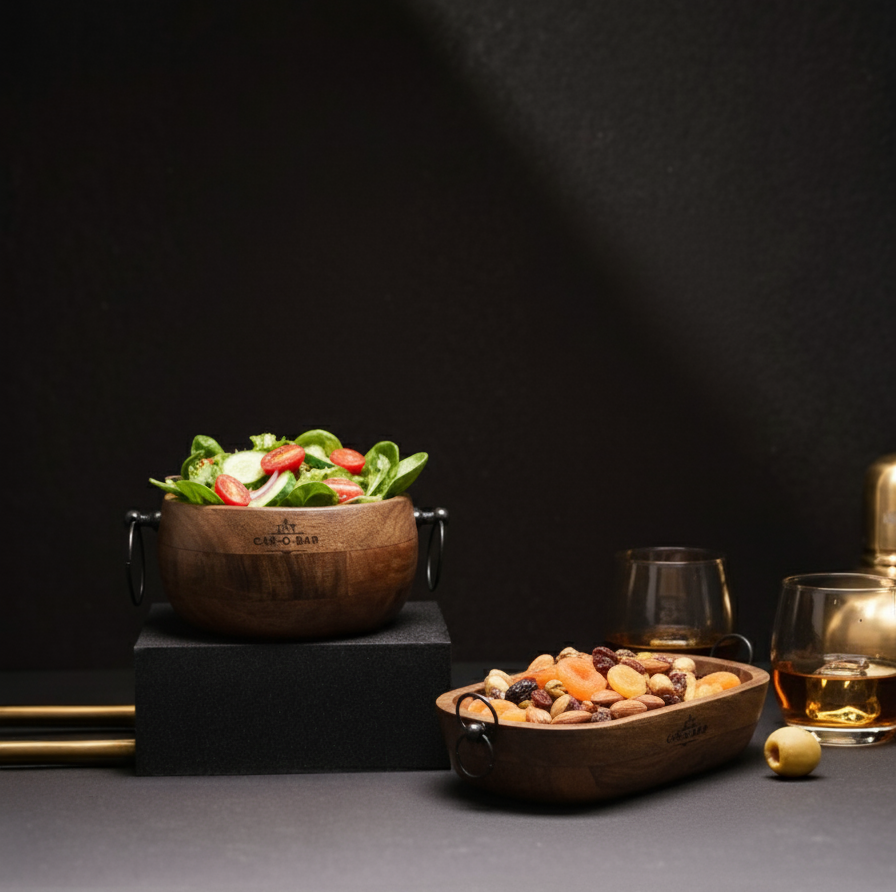 CAR-O-BAR Premium Wooden Serving Bowl Set with Handles | Rustic Natural Finish