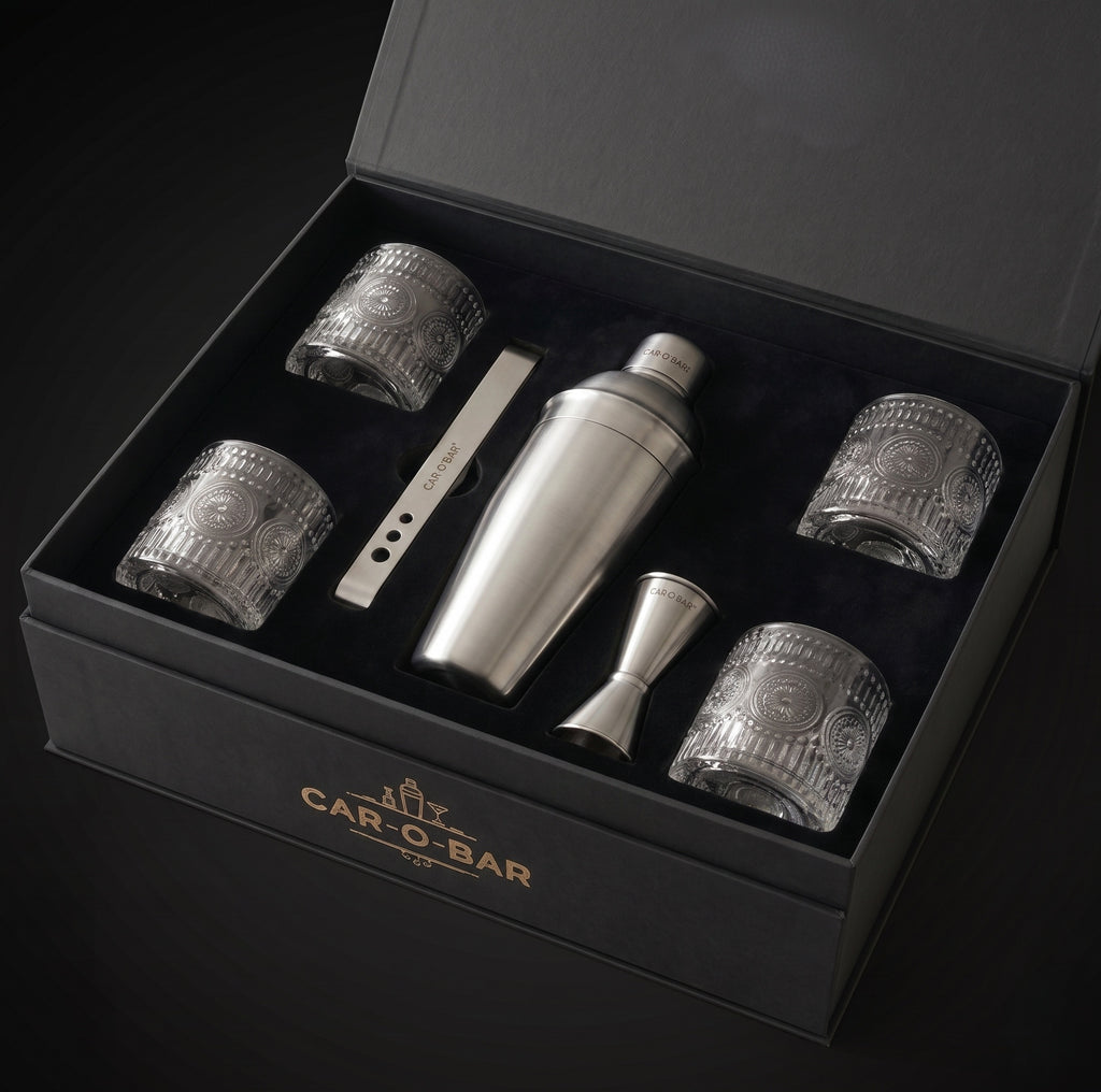 Car-O-Bar Silver Bar Set with Glasses Gift Set