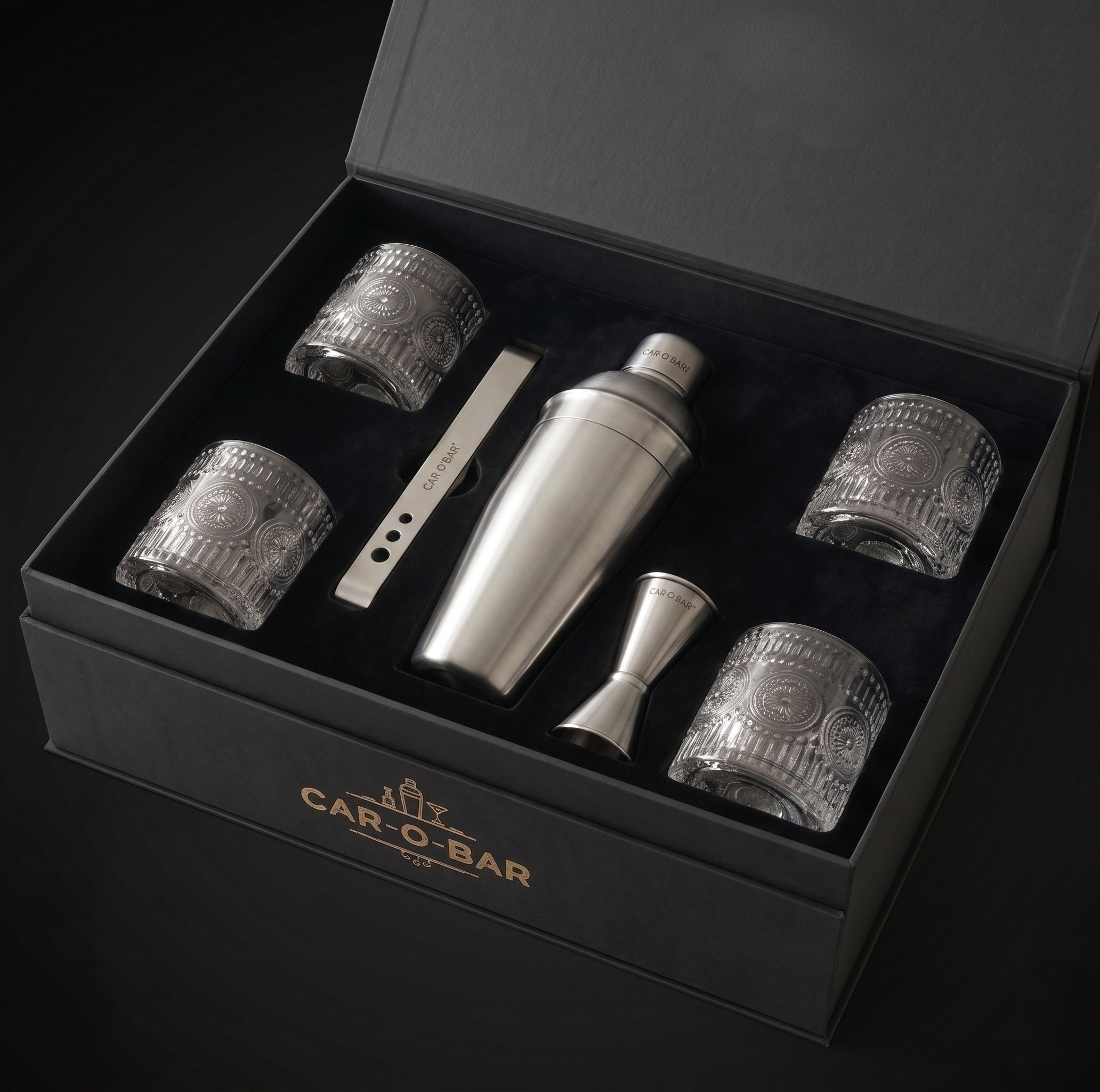 Car-O-Bar Silver Bar Set with Glasses Gift Set