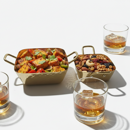 CAR-O-BAR Premium Set of 2 Steel Serving Bowls with Handle | Hammered Gold Finish