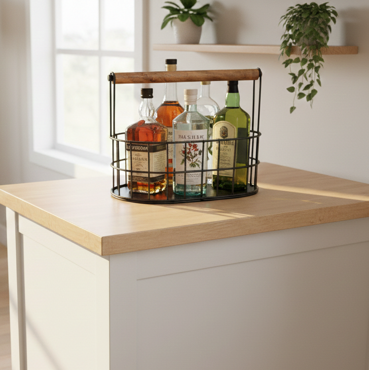 Car-O-Bar Beer Caddy | Multipurpose Basket With Wooden Handle for Home